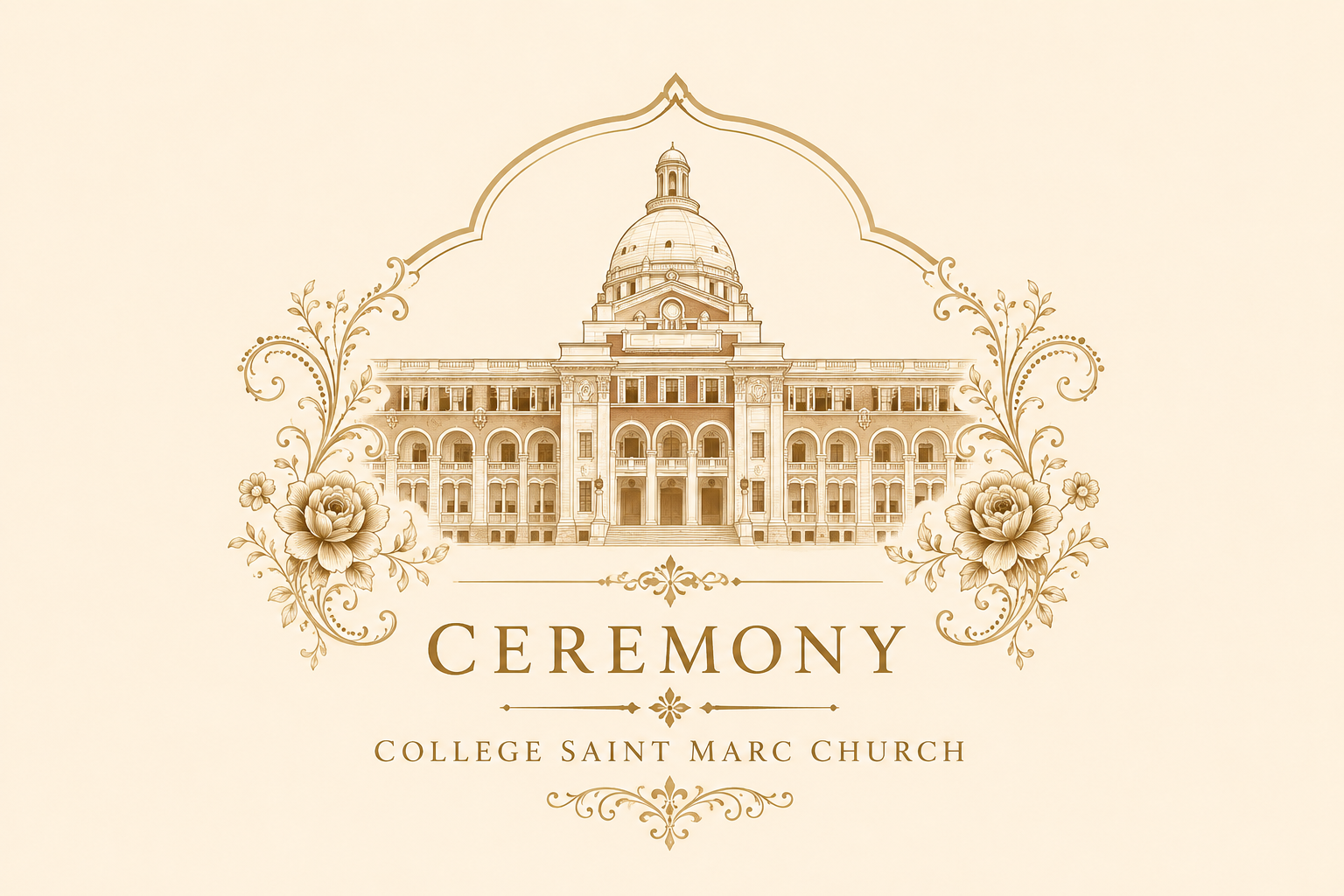 Gold illustrated ceremony card for College Saint Marc Church