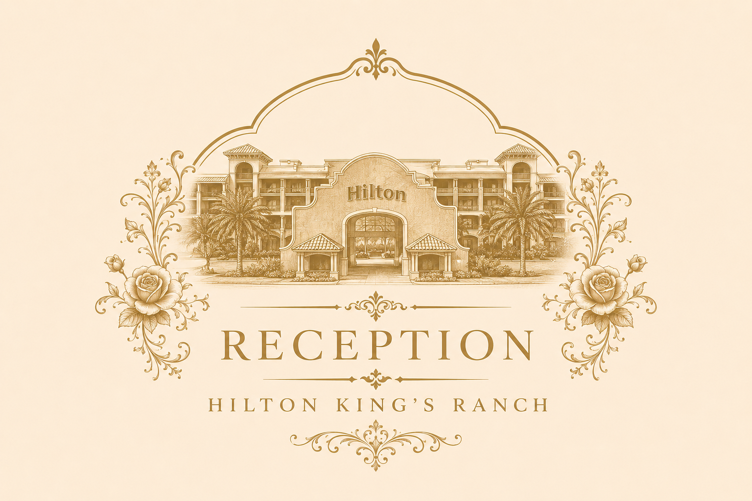 Gold illustrated reception card for Hilton King’s Ranch